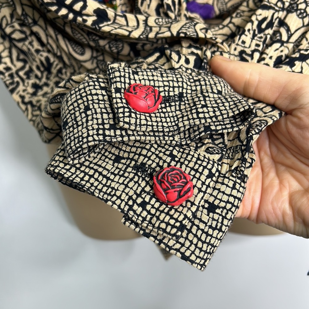 Carole Little petites floral art boho tie front button down long sleeve blouse - Picture 4 of 7